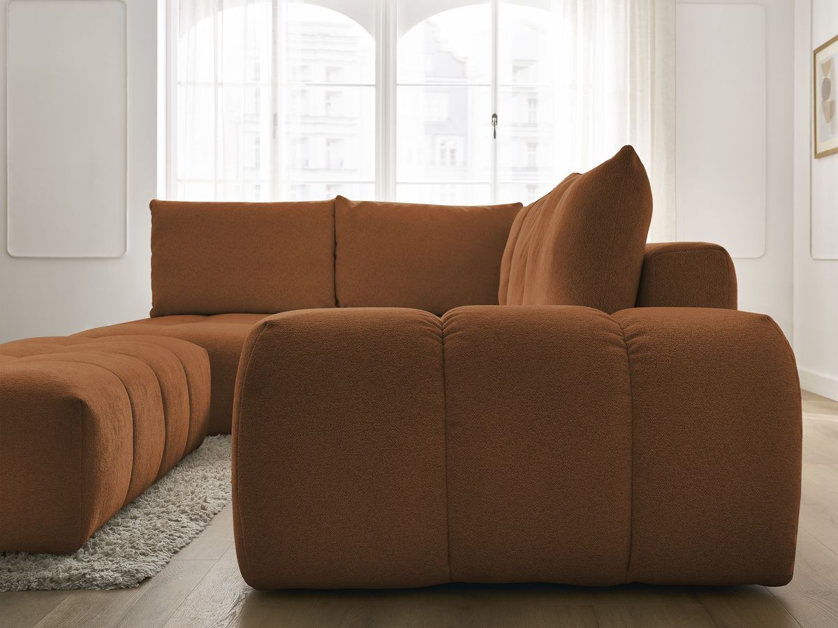 Bobochic Everest Ecksofa mit Schlaffunktion und Bettkasten und Pouf 320 × 212 cm, 5 Kissen Melange-Stoff Orange Ecke links