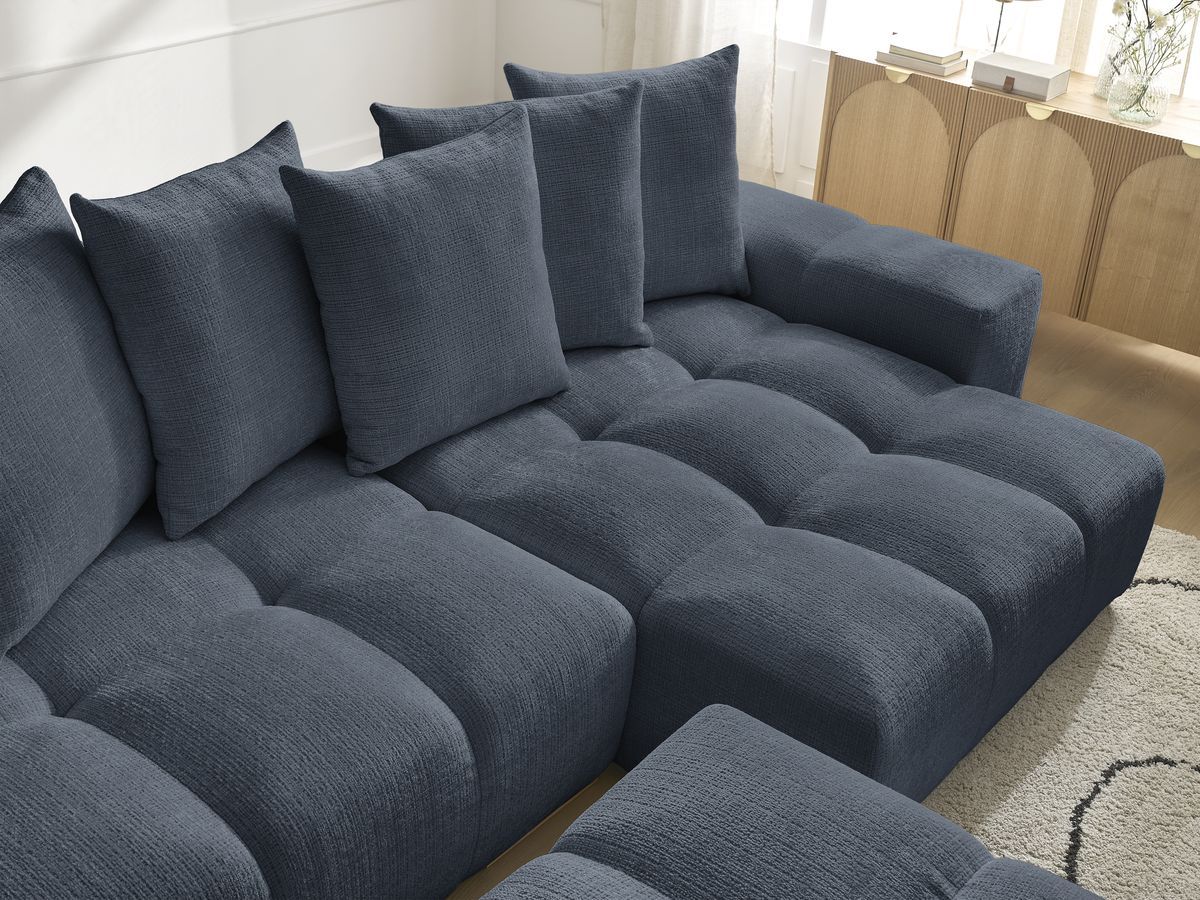 Bobochic Anakin Ecksofa mit Pouf, 6 Kissen Strukturstoff Dunkelblau