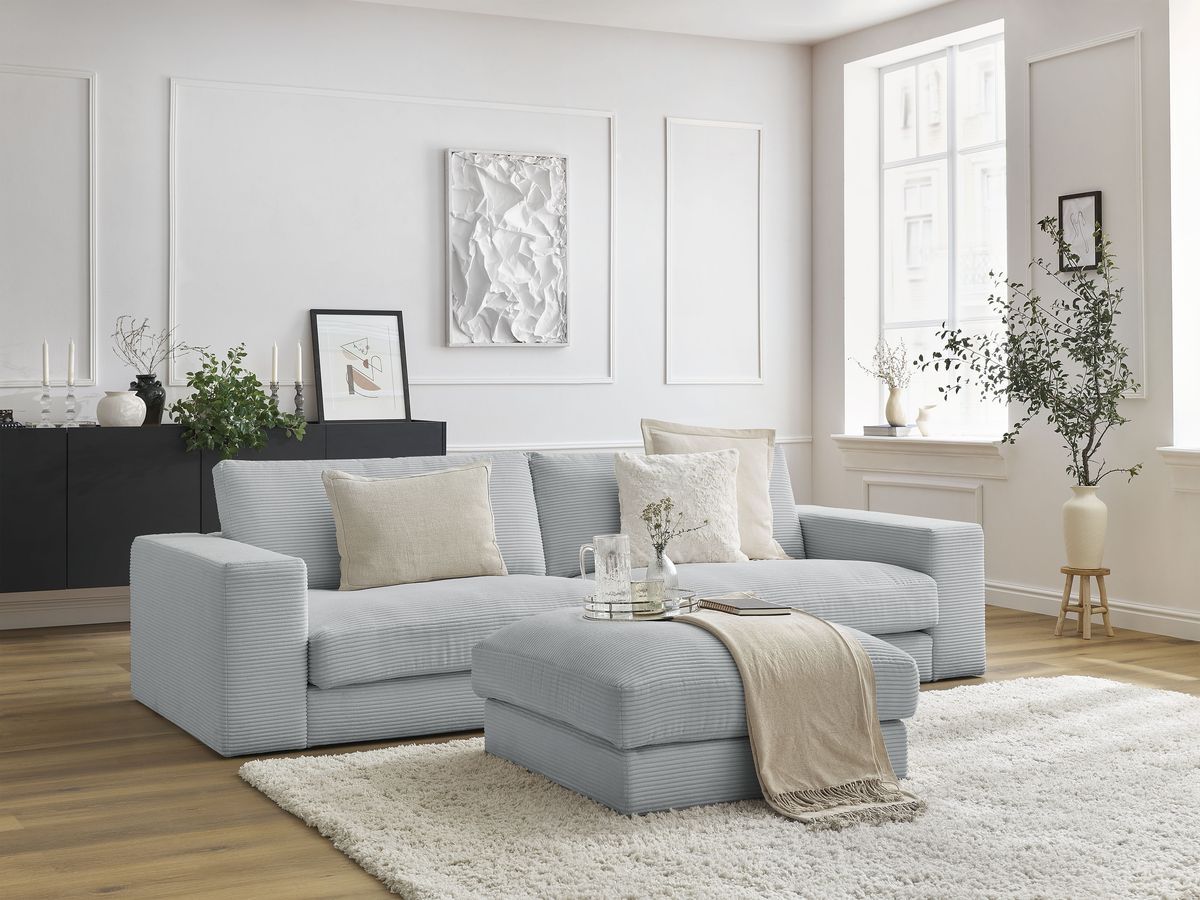 Bobochic Leonard Sofa 4-Sitzer mit Pouf 274 × 109 cm Cordsamt Hellgrau