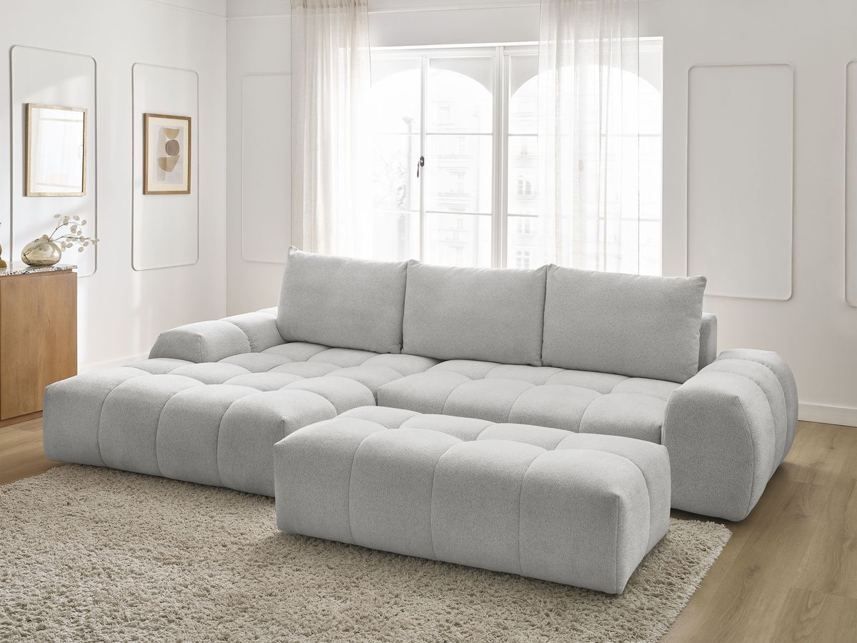 Bobochic Everest Ecksofa mit Schlaffunktion und Bettkasten und Pouf 318 × 180 cm, 3 Kissen Melange-Stoff Hellgrau Ecke links