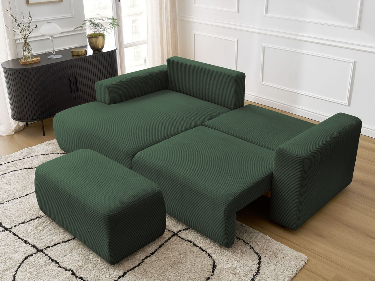 Bobochic Atilla Ecksofa mit Schlaffunktion und Bettkasten und Pouf Cordsamt Dunkelgrün Ecke links