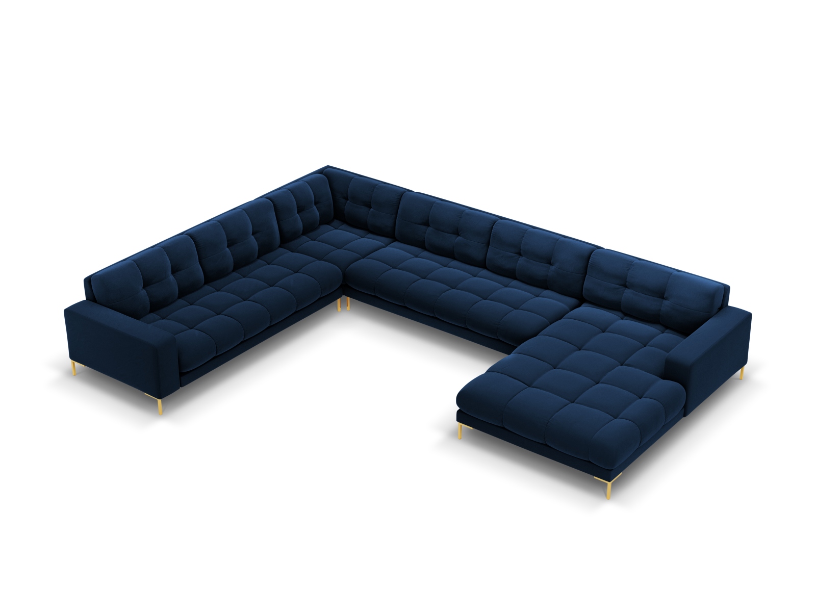 Cosmopolitan Design Panoramasofa Bali 7-Sitzer 327 cm Samt Bluvel Königsblau Links Beine Gold