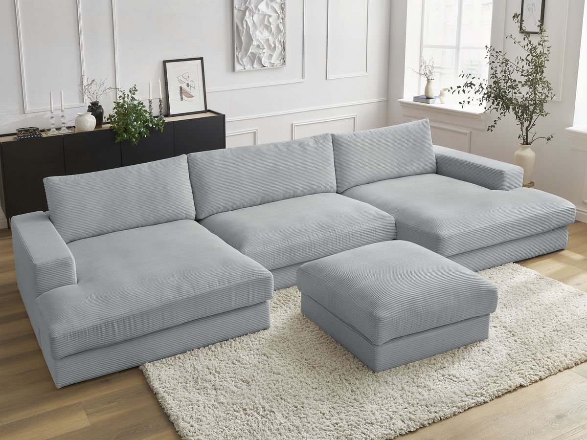 Bobochic Leonard Wohnlandschaft mit Pouf 404 × 159 cm Cordsamt Hellgrau