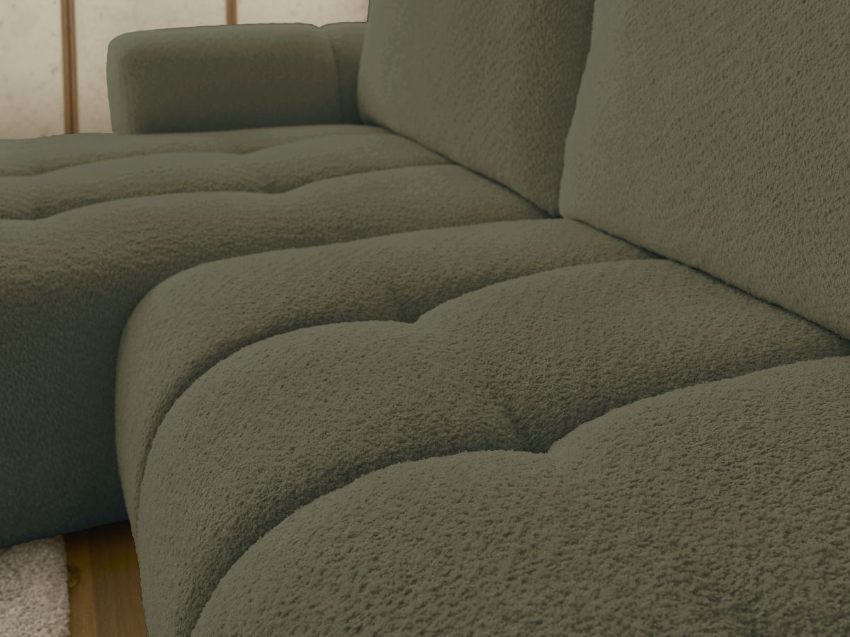 Bobochic Fuji Ecksofa mit Schlaffunktion und Bettkasten und Pouf 292 × 160 cm Bouclé-Stoff Grün Ecke links