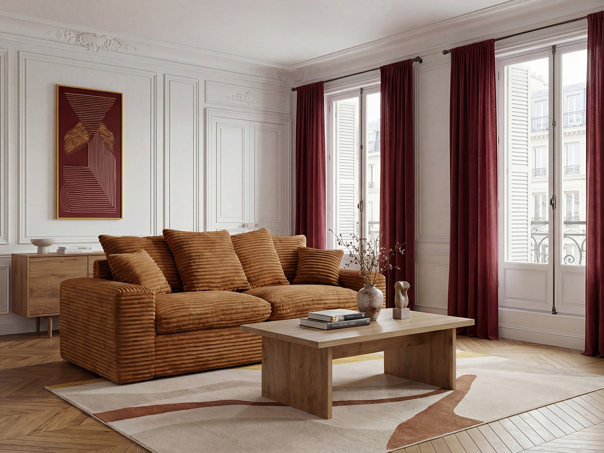 Bobochic Nevada Sofa 2,5-Sitzer Breitcord weich Ockergelb