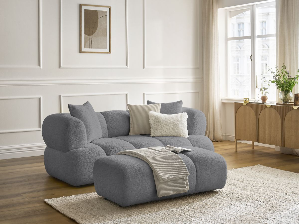 Bobochic Pamira Sofa 2-Sitzer mit Pouf Bouclé-Stoff Dunkelgrau
