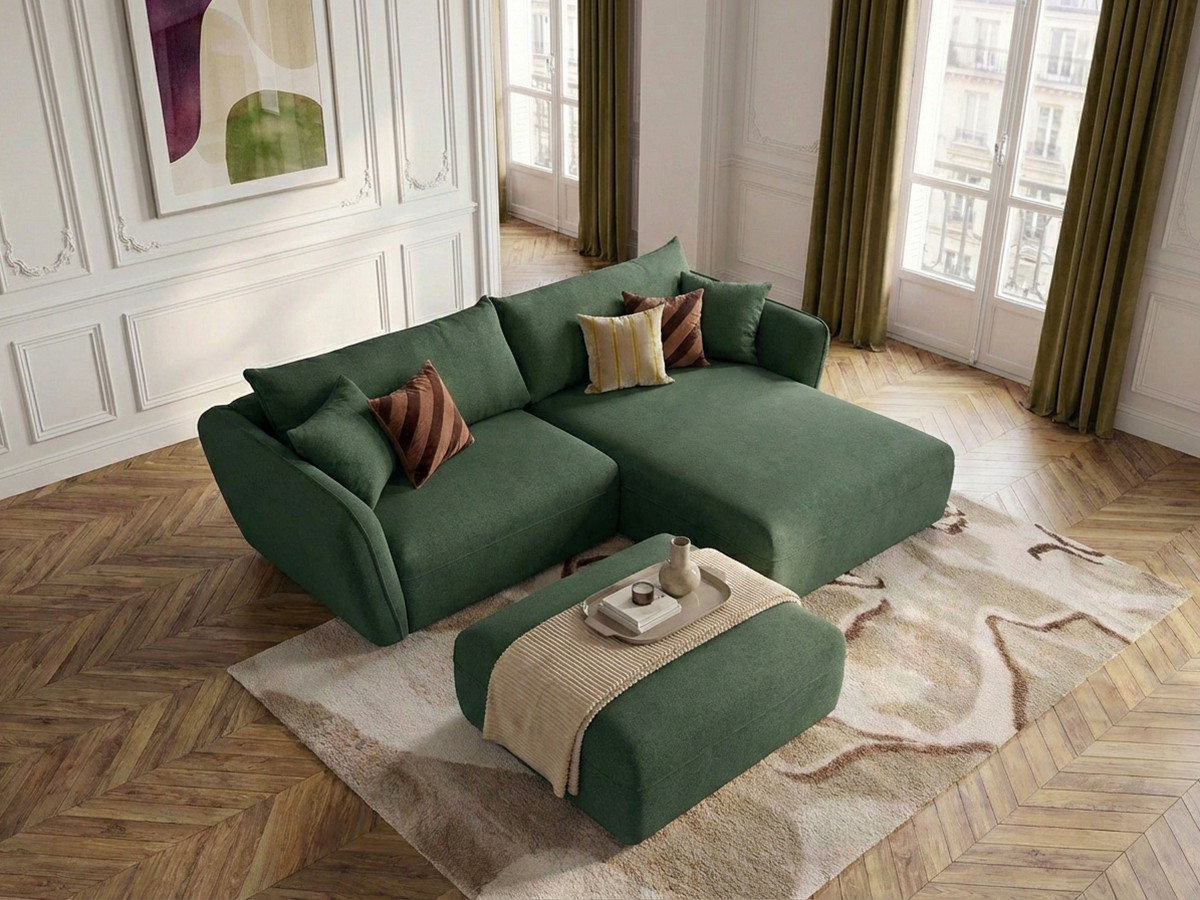 Bobochic Luigi Ecksofa mit Pouf Strukturstoff Grün Ecke rechts