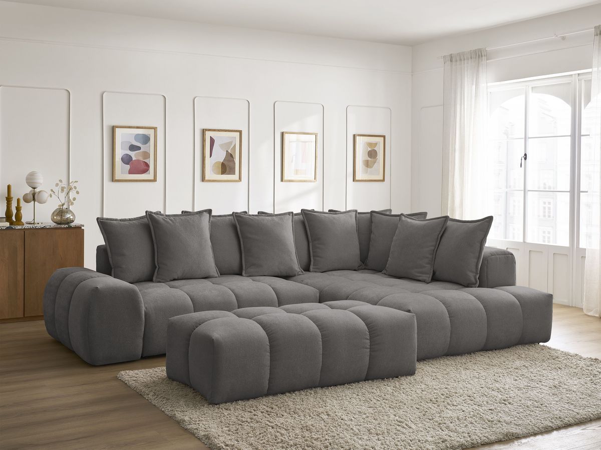 Bobochic Everest Ecksofa mit Schlaffunktion und Bettkasten und Pouf 320 × 212 cm, 10 Kissen Strukturstoff Dunkelgrau Ecke rechts