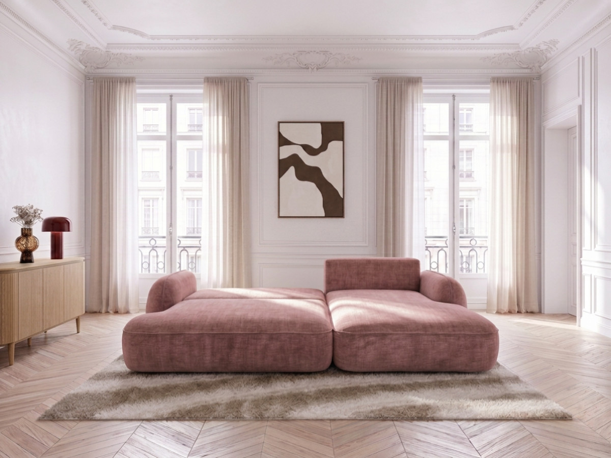 Bobochic Celeste Ecksofa mit Schlaffunktion und Bettkasten Stoff Rosa Ecke rechts