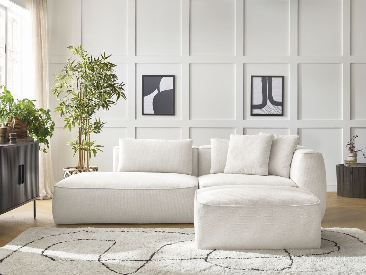 Bobochic Leopold Sofa 4-Sitzer mit Pouf Melange-Stoff Weiß Armlehne rechts
