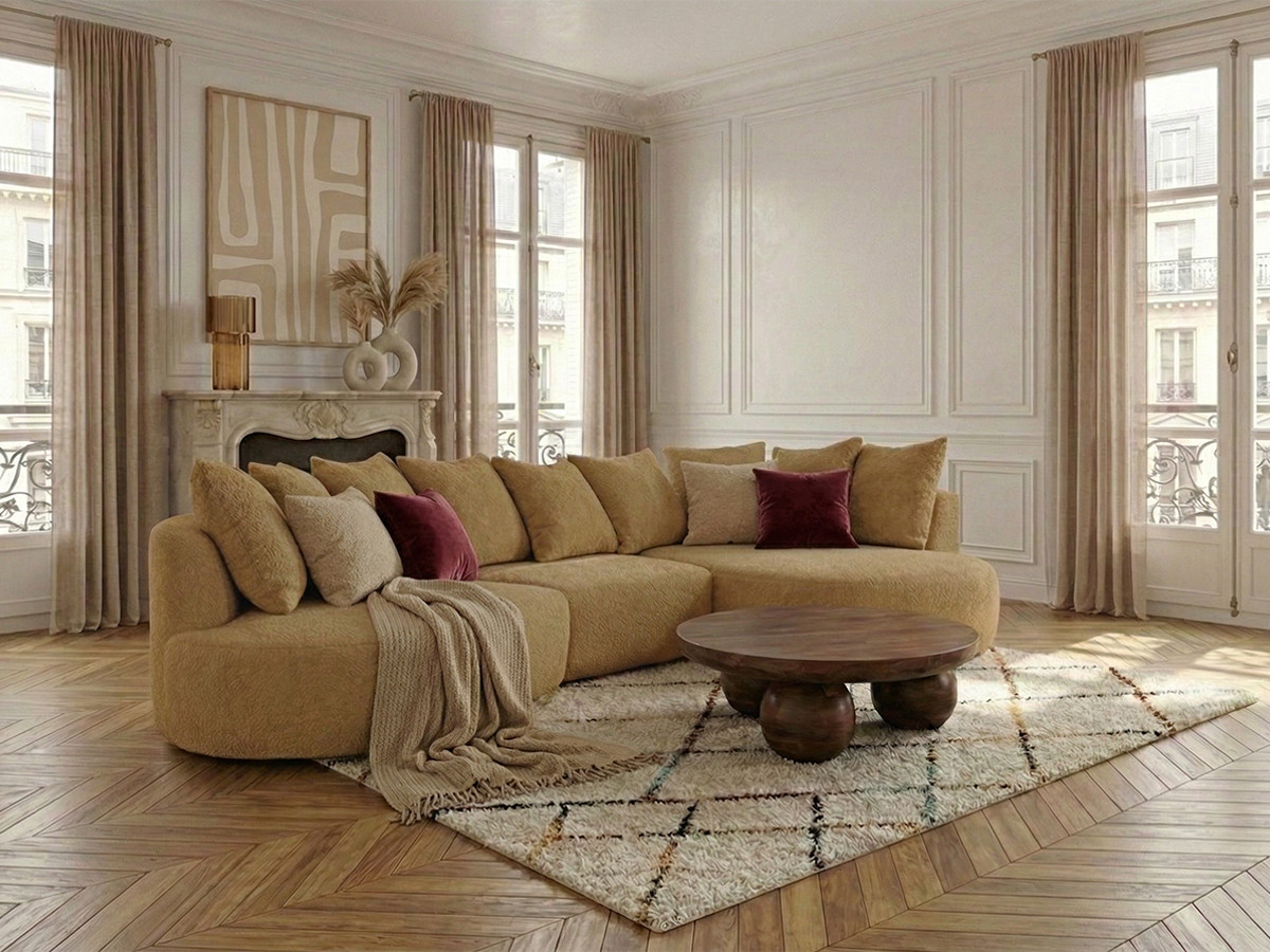 Bobochic Calypso Ecksofa Bouclé-Stoff Ockergelb Ecke rechts