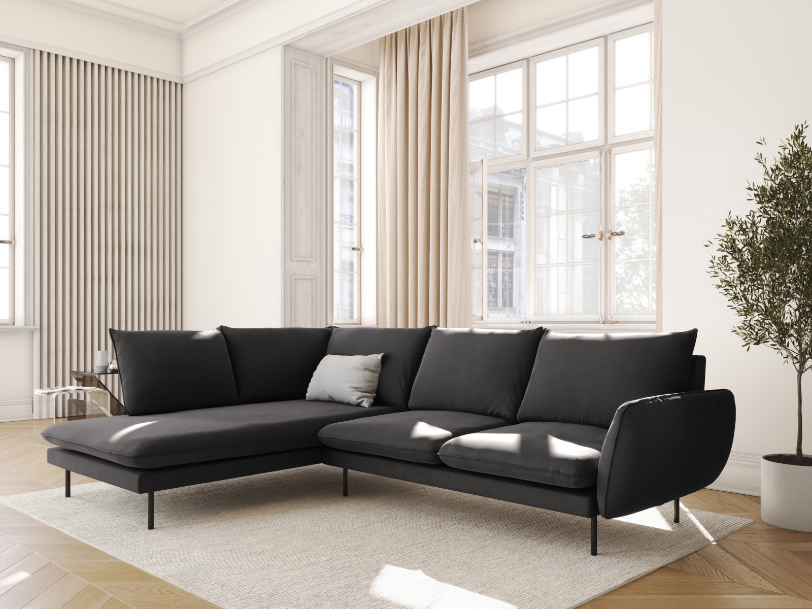 Cosmopolitan Design Ecksofa Vienna 6-Sitzer Samt Bluvel Dunkelgrau Melange Links Beine Schwarzes Metall