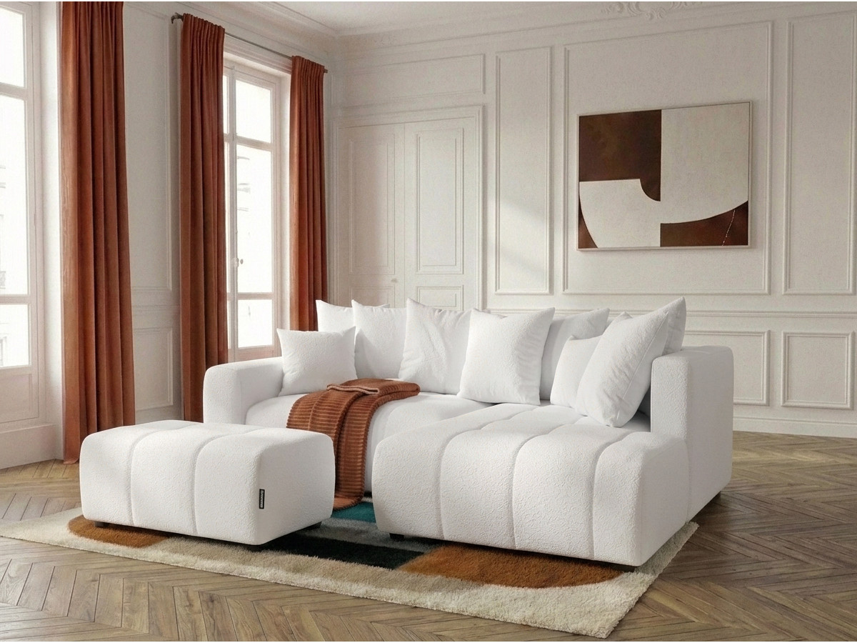 Bobochic Roxelane Ecksofa mit Schlaffunktion und Bettkasten und Pouf Bouclé-Stoff Weiß Ecke rechts