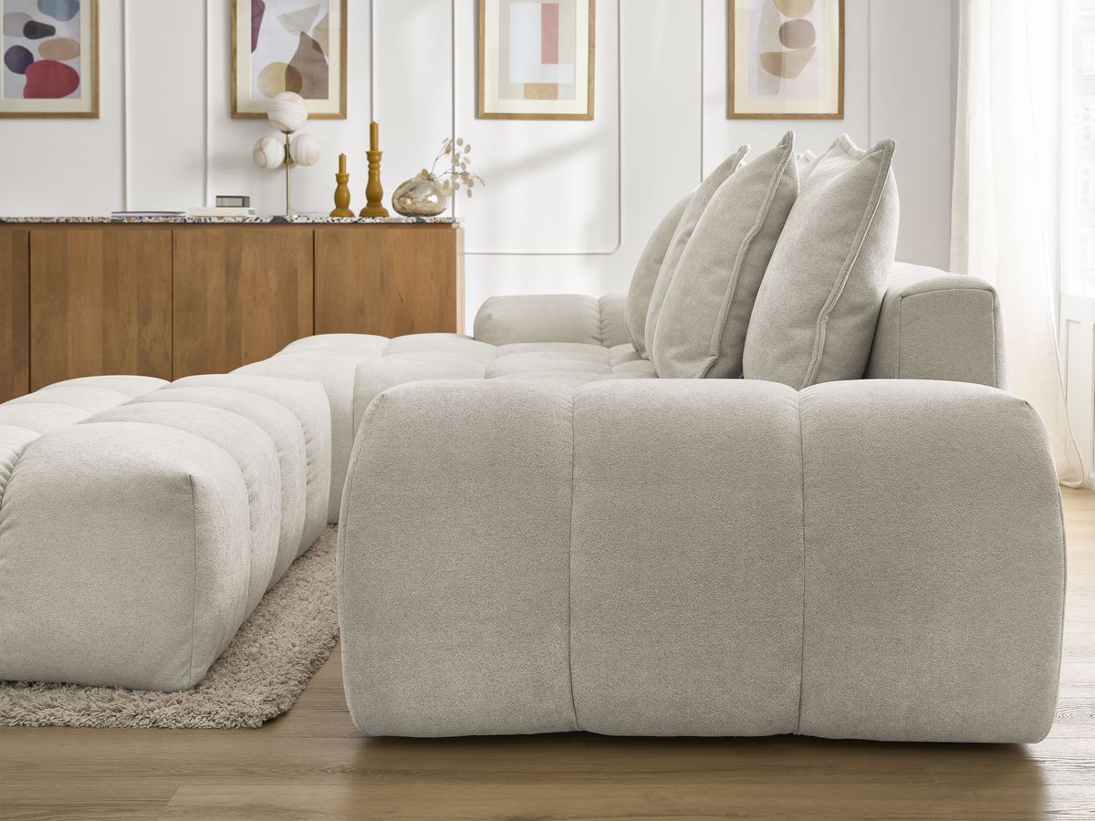 Bobochic Everest Ecksofa mit Schlaffunktion und Bettkasten und Pouf 318 × 180 cm, 7 Kissen Strukturstoff Beige Ecke links