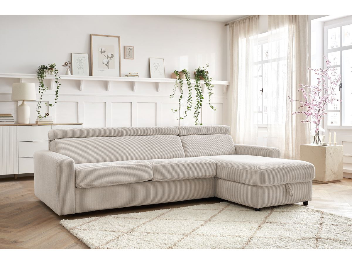 Bobochic Monaco Ecksofa mit Schlaffunktion und Bettkasten Cordsamt Beige, Liegefläche 140 × 190 cm