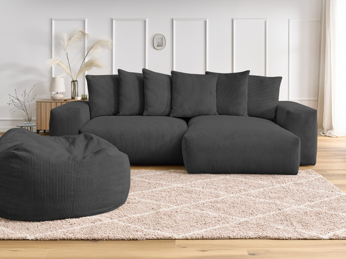Bobochic Voltaire Ecksofa mit Pouf 310 × 174 cm Cordsamt Dunkelgrau