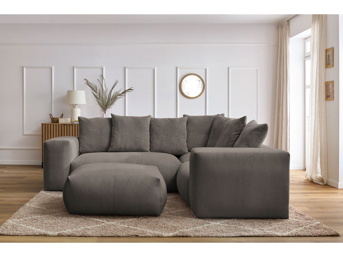 Bobochic Voltaire Ecksofa mit Pouf 268 × 214 cm Cordsamt Taupe Ecke rechts