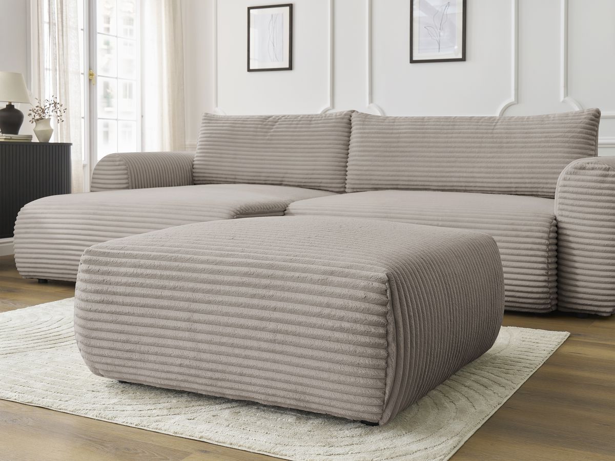Bobochic Lucien Ecksofa mit Schlaffunktion und Bettkasten und Pouf 314 × 167 cm Breitcord weich Taupe Ecke links