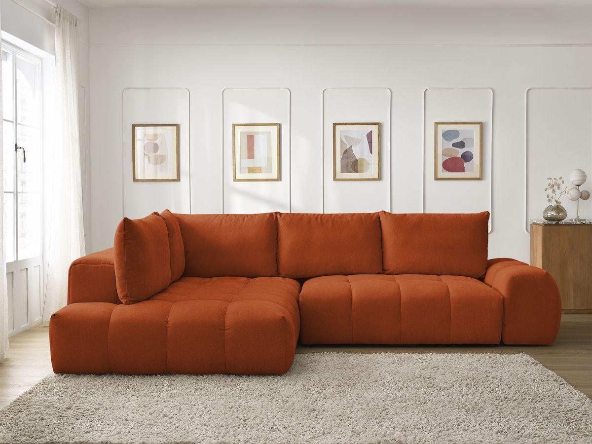 Bobochic Everest Ecksofa mit Schlaffunktion und Bettkasten 320 × 212 cm, 5 Kissen Strukturstoff Orange Ecke links