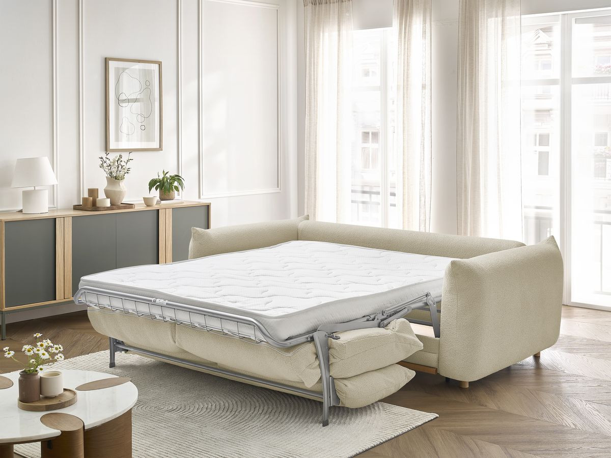 Bobochic Ernest Schlafsofa 3-Sitzer, Liegefläche 190 × 140 / 160 cm Bouclé-Stoff Beige, Liegefläche 140 × 190 cm