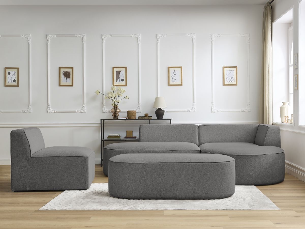 Bobochic Rousseau Ecksofa mit Sofamodul und Pouf Melange-Stoff Dunkelgrau Ecke rechts