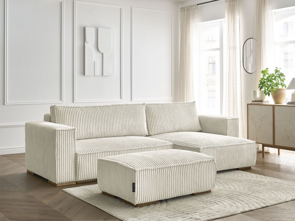 Bobochic Chelsea Ecksofa mit Schlaffunktion und Bettkasten und Pouf Breitcord weich Beige
