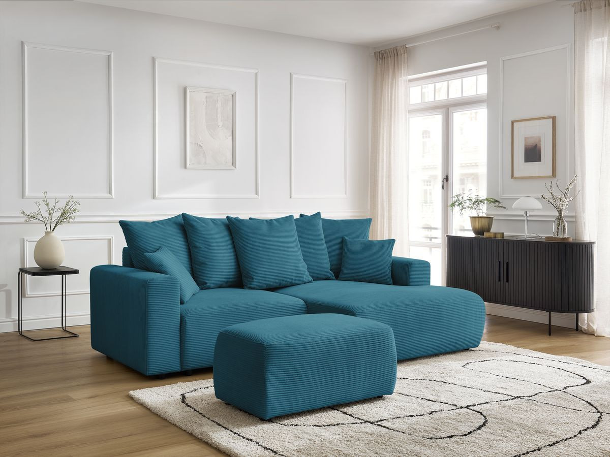 Bobochic Atilla Ecksofa mit Schlaffunktion und Bettkasten und Pouf Cordsamt Hellblau Ecke rechts