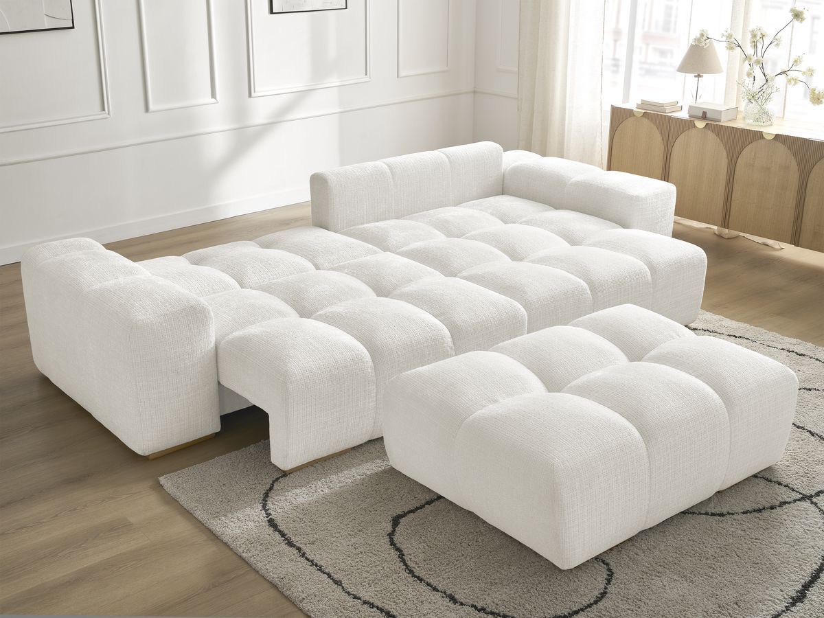 Bobochic Anakin Ecksofa mit Schlaffunktion und Bettkasten und Pouf Strukturstoff Weiß