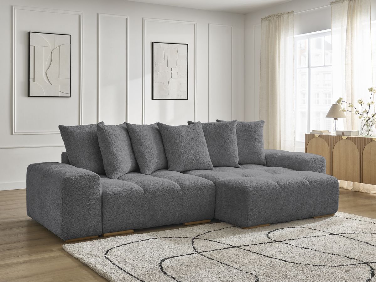 Bobochic Anakin Ecksofa, 6 Kissen Bouclé-Stoff Dunkelgrau