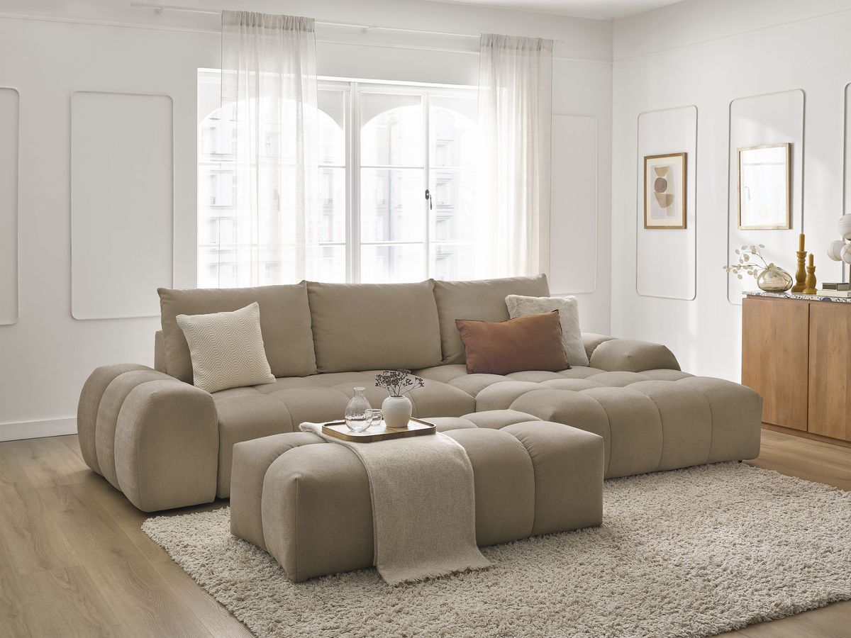 Bobochic Everest Ecksofa mit Schlaffunktion und Bettkasten und Pouf 318 × 180 cm, 3 Kissen Strukturstoff Taupe Ecke rechts