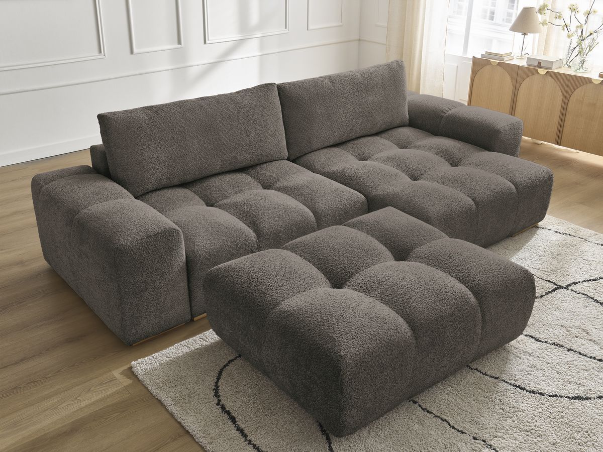 Bobochic Anakin Ecksofa mit Pouf, 2 Kissen Bouclé-Stoff Braun