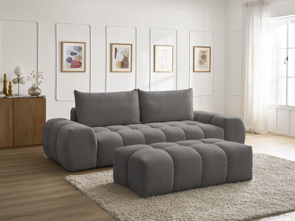 Bobochic Everest Sofa 3-Sitzer mit Pouf, 2 Kissen Strukturstoff Dunkelgrau