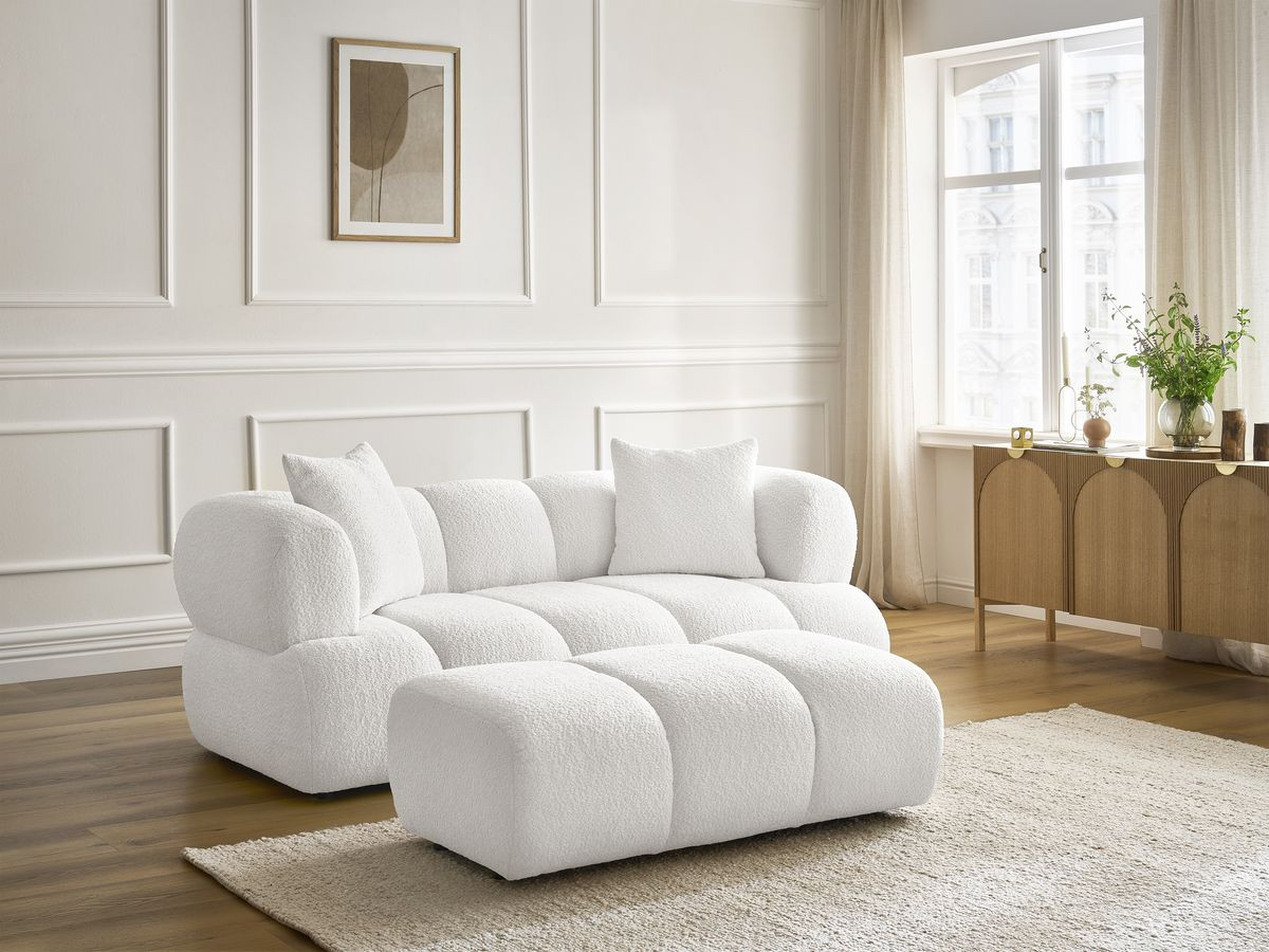Bobochic Pamira Sofa 2-Sitzer mit Pouf Bouclé-Stoff Weiß