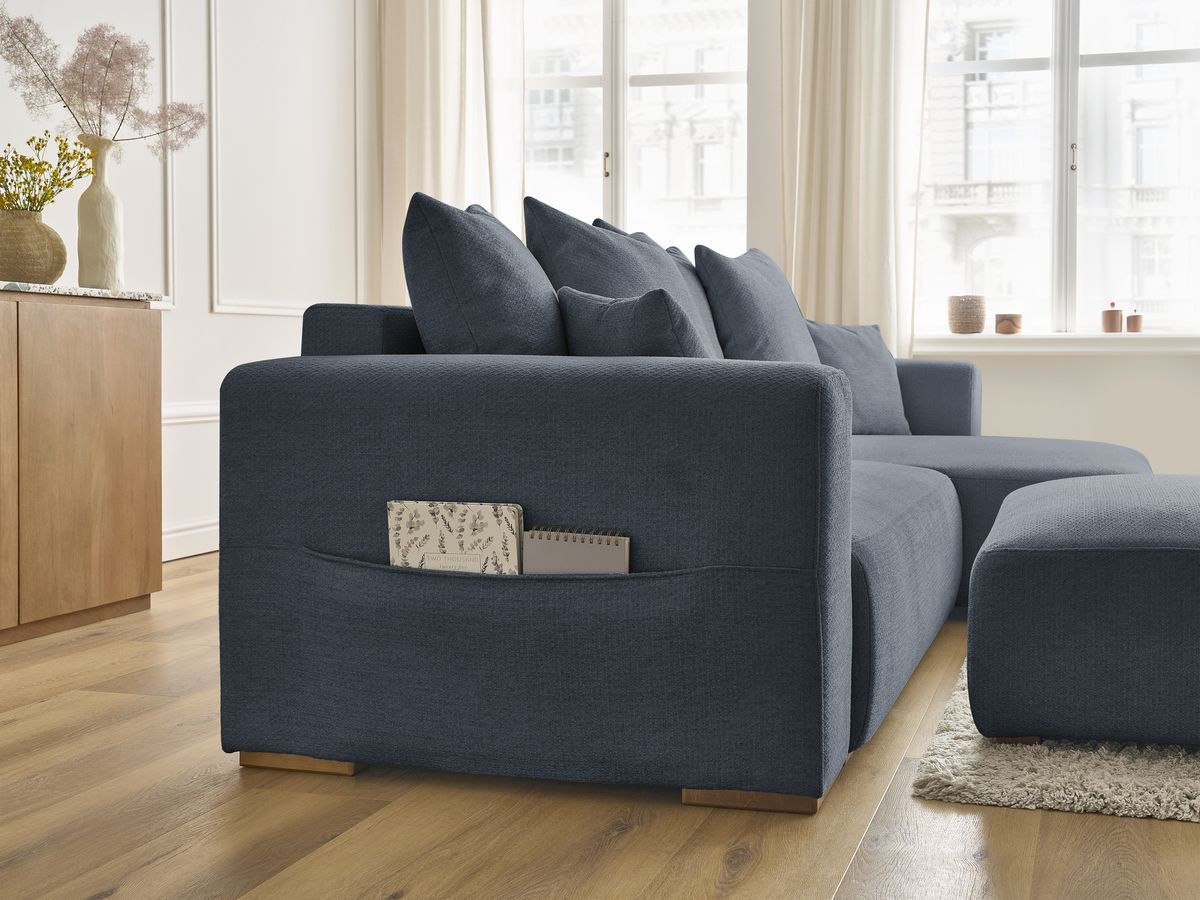 Bobochic Sidonie Ecksofa mit Schlaffunktion und Bettkasten und Pouf Melange-Stoff Dunkelblau