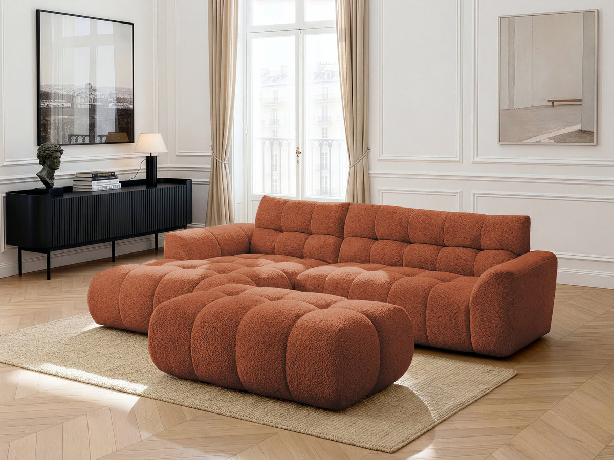 Bobochic Jaya Ecksofa mit Pouf Chenille Orange Ecke links