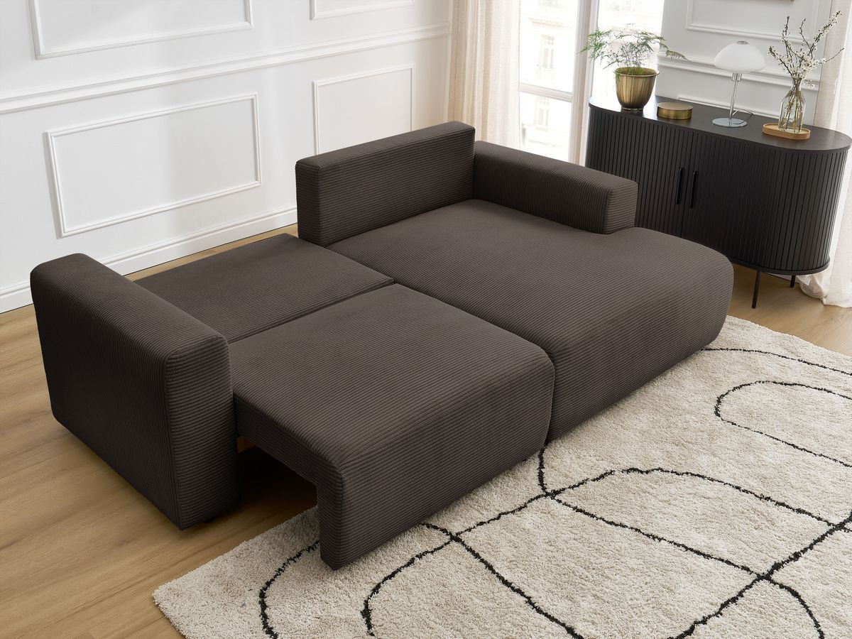 Bobochic Atilla Ecksofa mit Schlaffunktion und Bettkasten Cordsamt Taupe Ecke rechts