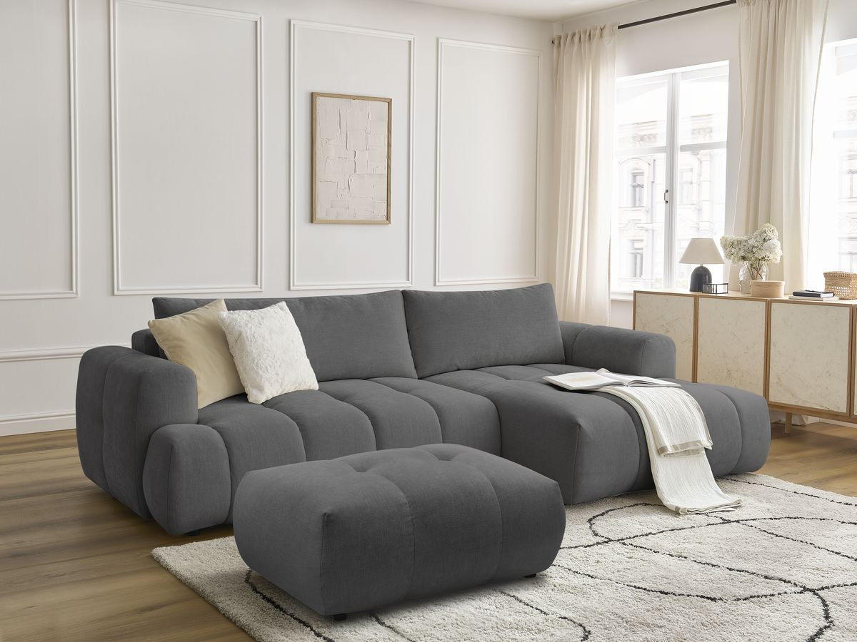 Bobochic Fuji Ecksofa mit Schlaffunktion und Bettkasten und Pouf 292 × 160 cm Stoff Dunkelgrau Ecke rechts