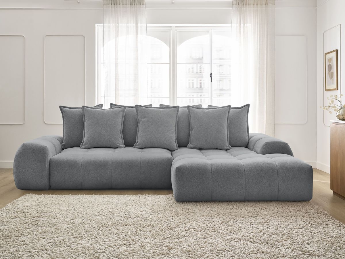 Bobochic Everest Ecksofa mit Schlaffunktion und Bettkasten 318 × 180 cm, 7 Kissen Melange-Stoff Dunkelgrau Ecke rechts