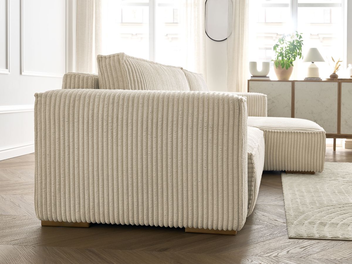 Bobochic Chelsea Ecksofa mit Schlaffunktion und Bettkasten Breitcord weich Taupe