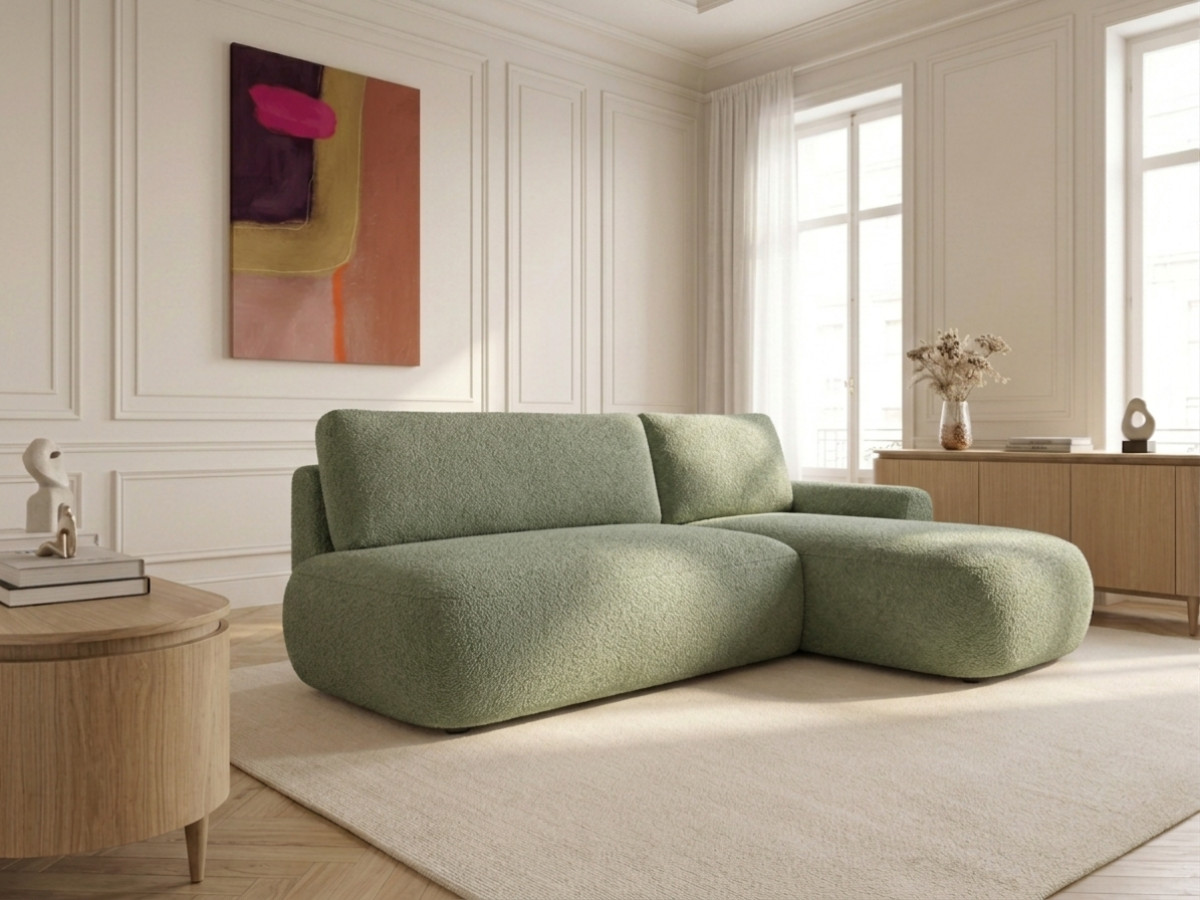 Bobochic Tango Ecksofa mit Schlaffunktion und Bettkasten Bouclé-Stoff Grün Ecke rechts