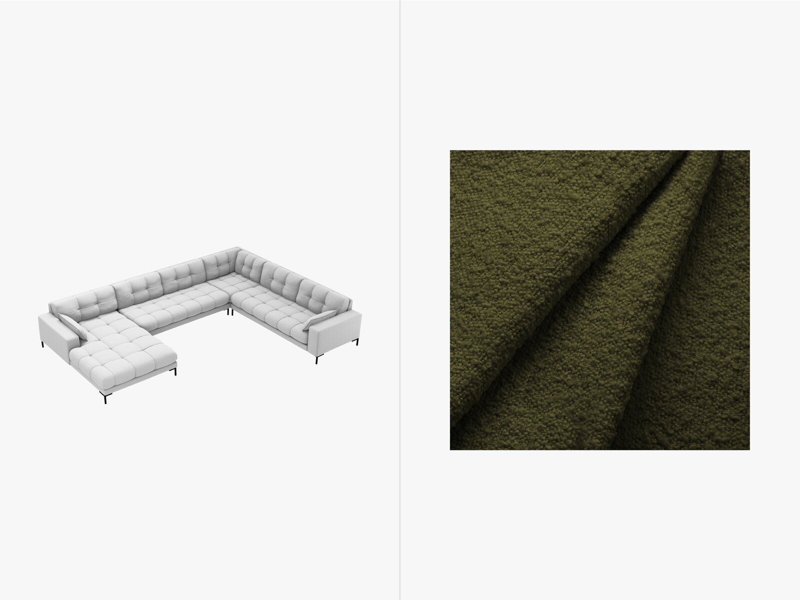 Micadoni Wohnlandschaft Mamaia 7-Sitzer Rechts Boucle Baloo Dunkel-Olivgrün schwarze Beine