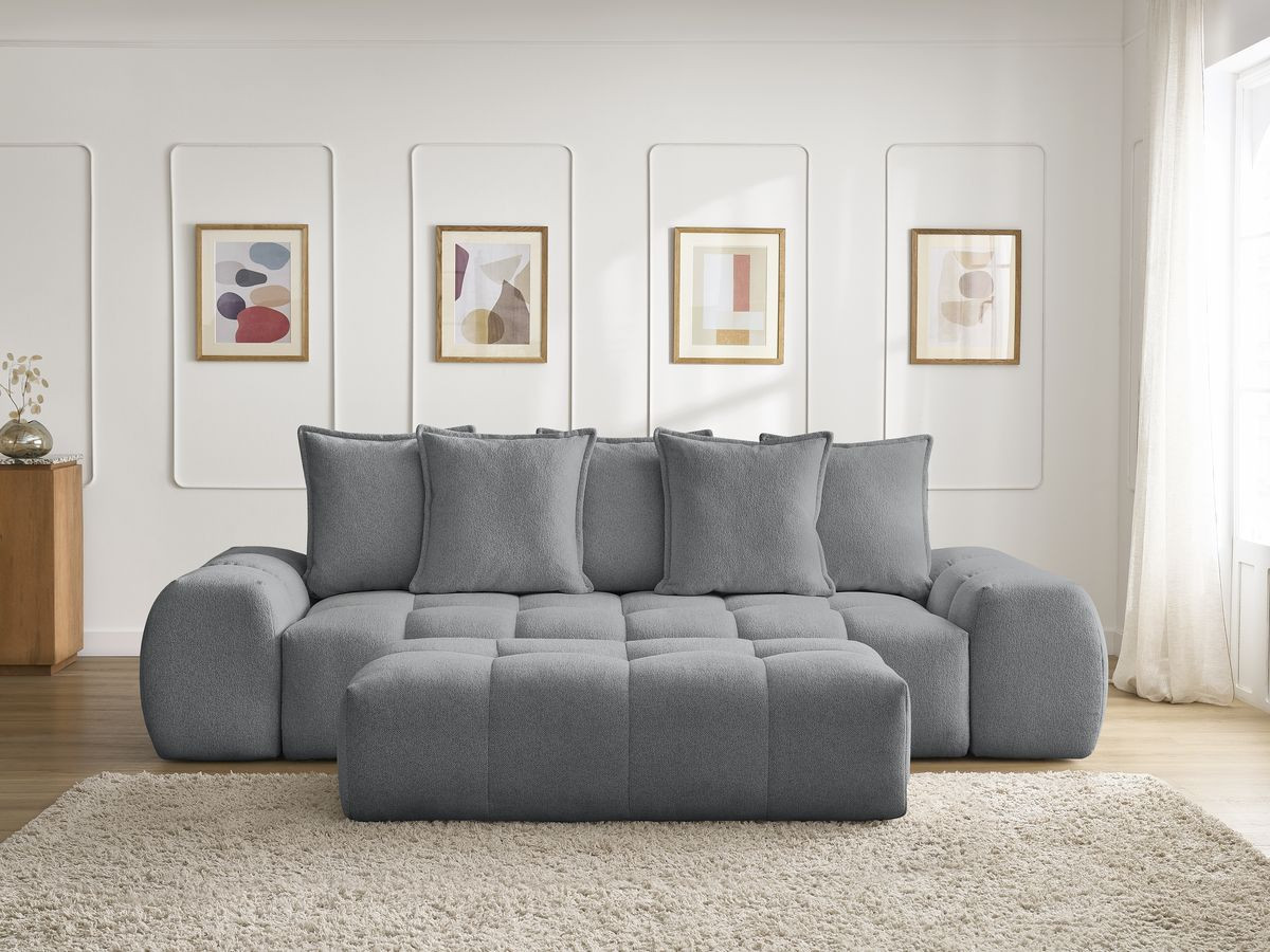 Bobochic Everest Schlafsofa 3-Sitzer mit Bettkasten und Pouf, 5 Kissen Melange-Stoff Dunkelgrau