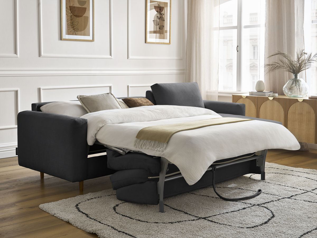 Bobochic Cocoone Ecksofa mit Schlaffunktion und Bettkasten Stoff Schwarz, Liegefläche 160 × 200 cm