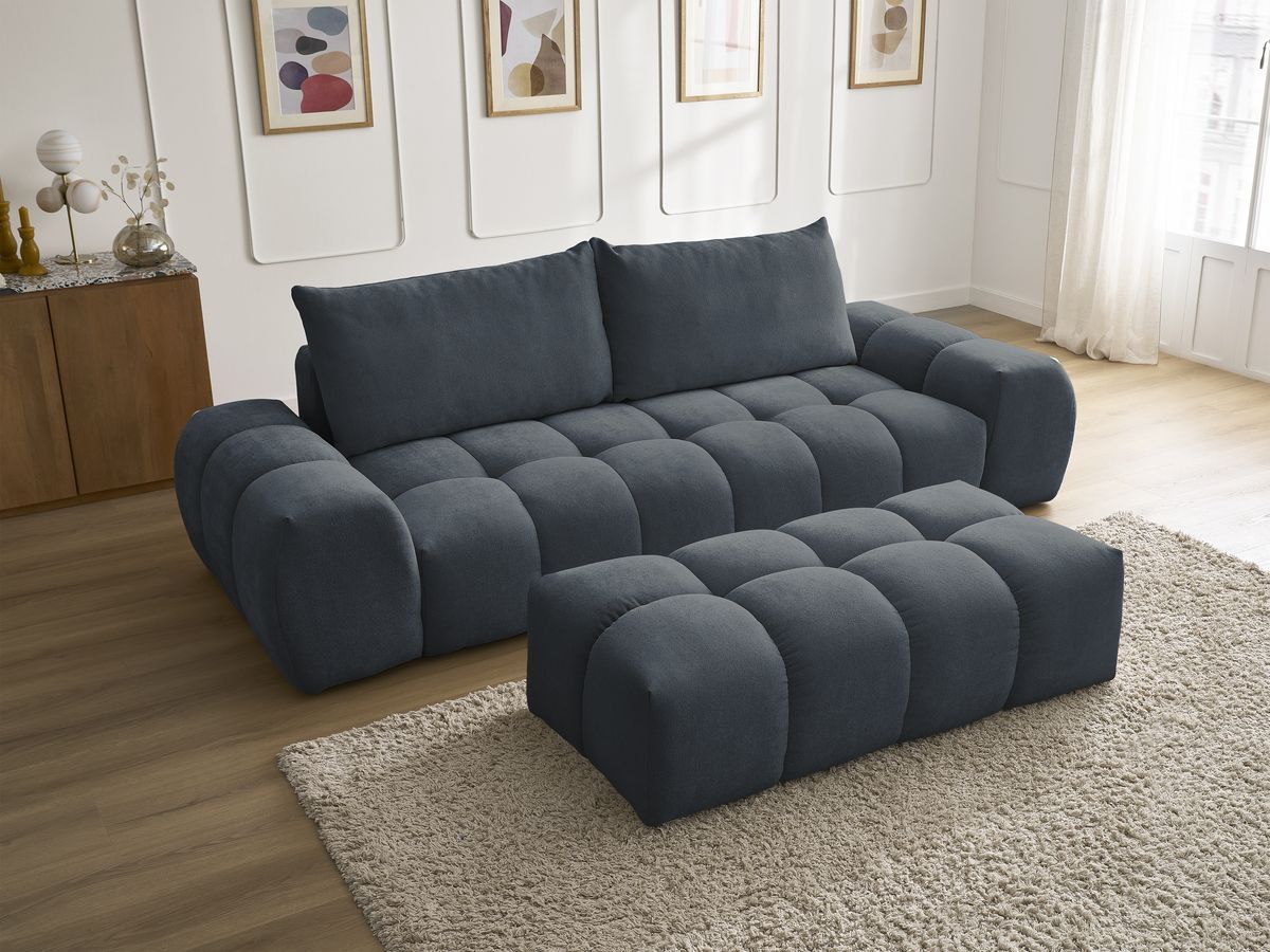 Bobochic Everest Sofa 3-Sitzer mit Pouf, 2 Kissen Strukturstoff Dunkelblau