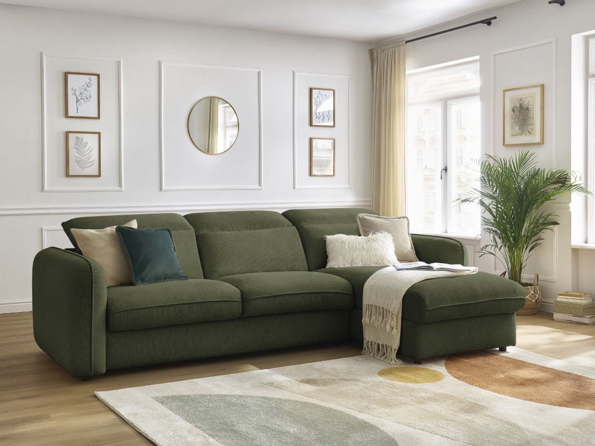 Bobochic Achille Ecksofa mit Schlaffunktion und Bettkasten Melange-Stoff Grün, Liegefläche 160 × 200 cm
