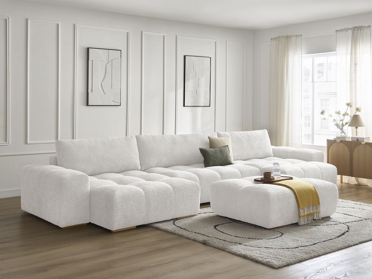 Bobochic Anakin Wohnlandschaft mit Pouf, Liegefläche 137 × 382 cm, 3 Kissen Bouclé-Stoff Weiß