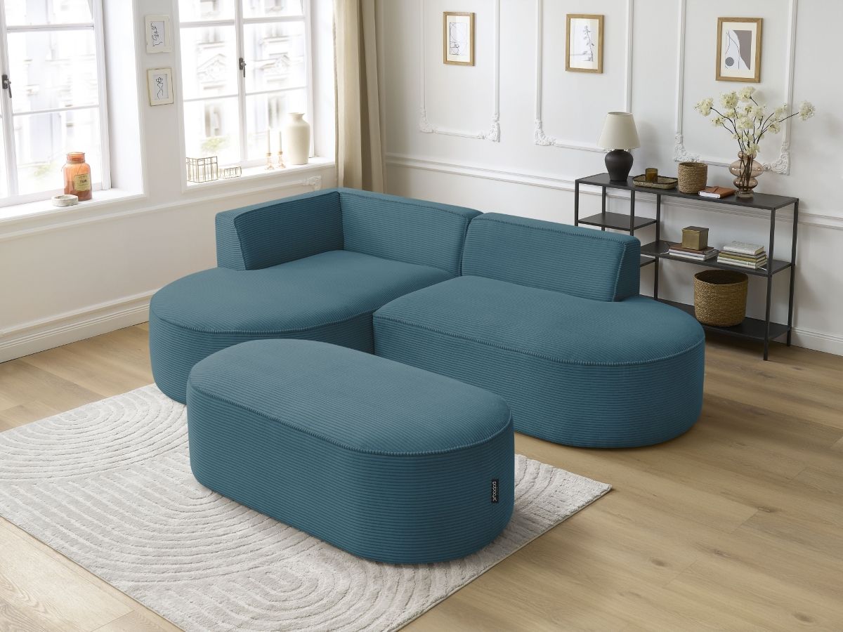 Bobochic Rousseau Ecksofa mit Pouf Cordsamt Dunkelblau Ecke links