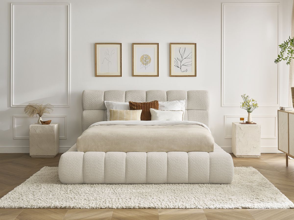 Bobochic Mont-blanc Polsterbett mit Bettkasten Bouclé-Stoff Beige, Liegefläche 140 × 190 cm
