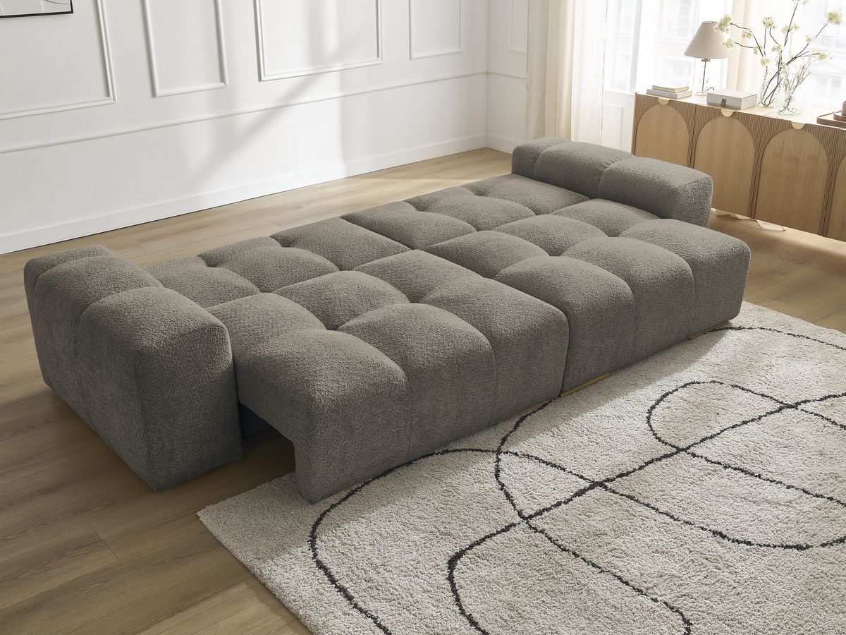 Bobochic Anakin Schlafsofa 3-Sitzer mit Bettkasten, 6 Kissen Bouclé-Stoff Taupe