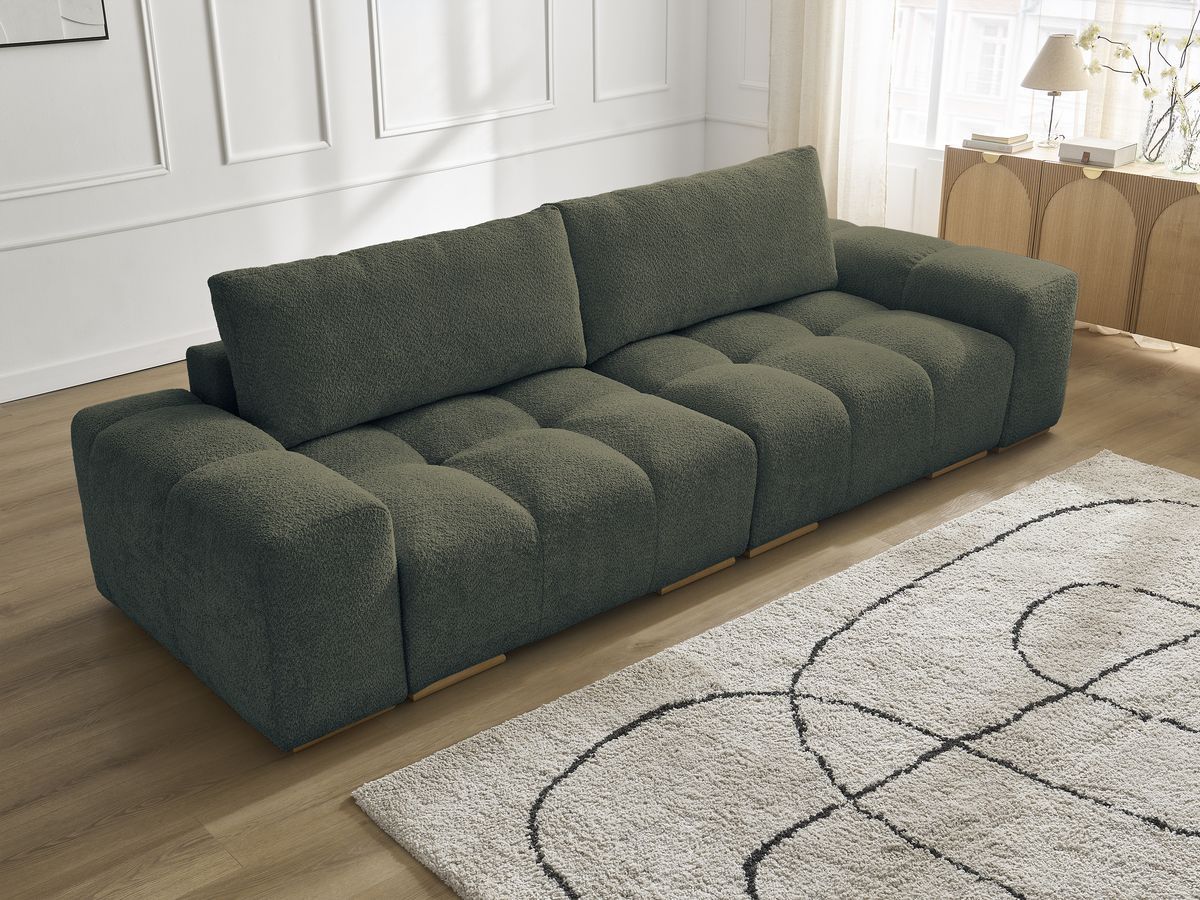 Bobochic Anakin Sofa 3-Sitzer, 2 Kissen Bouclé-Stoff Grün